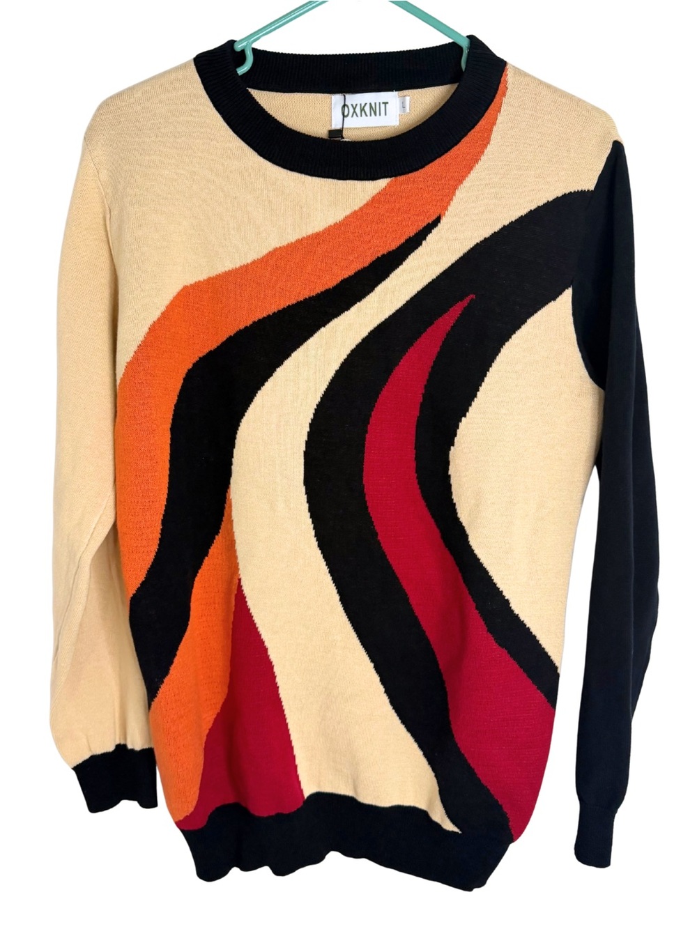 Oxknit Women's Multicolor Wave-Print Long Sleeve Crewneck Sweater Size Large